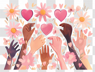World Kindness Day - Diverse Hands With Hearts And Flower Background Transparent PNG