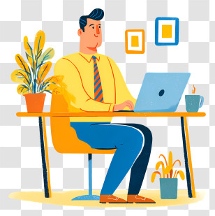 Businessman Attending Online Meeting - Man Working At Desk Cartoon Illustration Transparent PNG