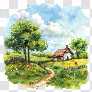 Serene Countryside - Countryside Landscape With House And Trees Transparent PNG