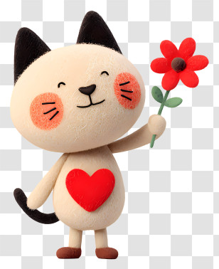 Cat Holding Red Heart - Cute Cat Holding A Flower Transparent PNG
