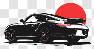 Porsche Silhouette - Black Sports Car With Red Sun Transparent PNG