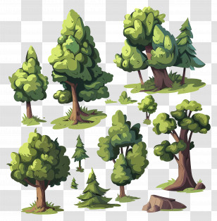 Forest Trees - Cartoon Trees Illustration With Green Leaves Transparent PNG