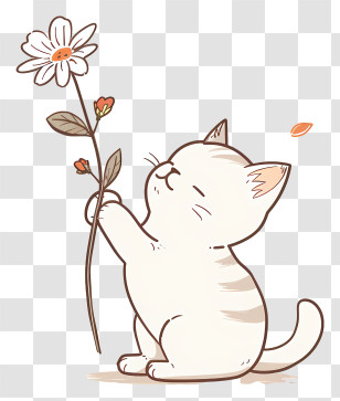 Little Cat Playing Flowers - Cute Cat Holding Flower Cartoon Drawing Transparent PNG