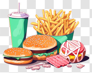 Fast Food - Assortment Of Fast Food Items: Burgers, Fries, And Drinks Transparent PNG