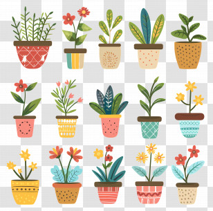 Flowers In Pots - Illustration Of Cute Potted Plants Transparent PNG