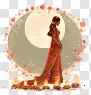 Karwa Chauth - Woman In Traditional Dress With Lamps Transparent PNG