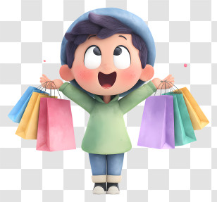 Chibi Shopper Holding Multiple Bags - Boy Happy Shopping Cartoon Transparent PNG