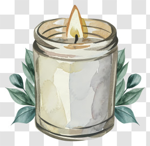 Watercolor Painting - Lit Jar Candle With Leaves Illustration Transparent PNG