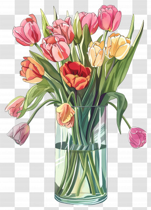 Tulips In Vase - Bouquet Of Colorful Tulips In A Glass Vase Transparent PNG