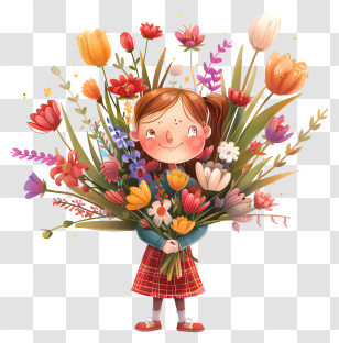 Spring Time - Happy Girl Holding A Colorful Bouquet Of Flowers Transparent PNG