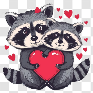 Valentine Raccoon Vector Draw Design - Cute Pair Of Raccoons Holding Red Heart Transparent PNG