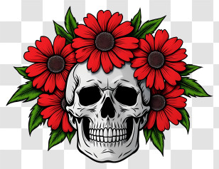 Halloween Skull Flowers - Skull With Red Flowers Decoration Transparent PNG