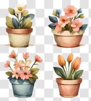 Flower Pot - Artistic Watercolor Illustration Of Flower Pots Transparent PNG