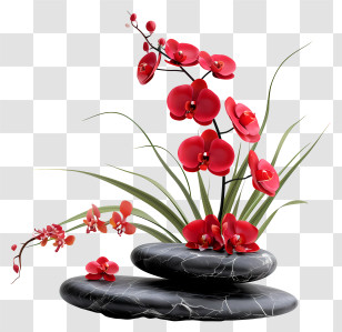Zen Flower Arrangement - Red Flowers With Black Stones Arrangement Transparent PNG
