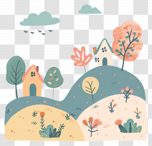 Hilly Landscape With Houses And Trees - Hilly Landscape With Small Houses Transparent PNG