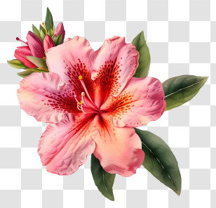 Watercolor Elegant Azalea Flower - Pink Azalea With Green Leaves Illustration Transparent PNG