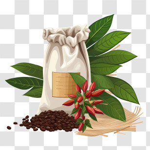 Coffee Beans Bag - Coffee Bag With Beans And Leaves Transparent PNG