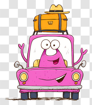 Cartoon Travel - Pink Car On A Road Trip Transparent PNG