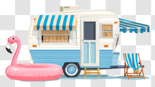 Vintage Trailer - Camper Van With Awning And Chairs Transparent PNG