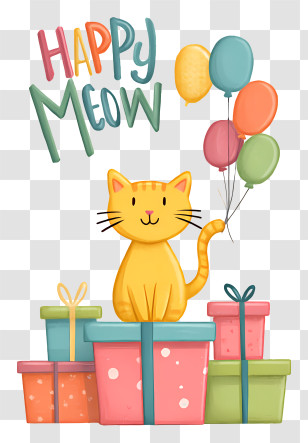 Happy Meow Day - Cat With Balloons And Gifts Transparent PNG