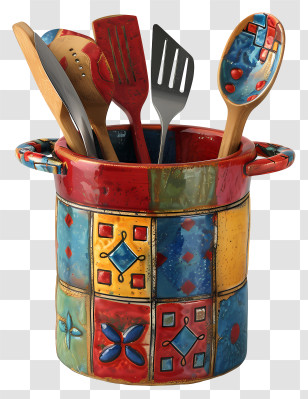 Kitchen Utensil Holder - Colorful Kitchen Utensils In Ceramic Holder Transparent PNG