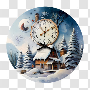 Winter Time - Winter House With Clock Illustration Transparent PNG