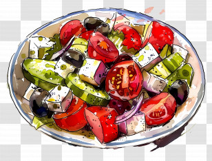 Greek Salad - Watercolor Illustration Of A Vegetable Salad Transparent PNG