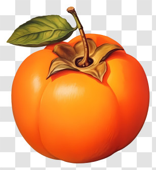 Orange Fruit - Orange Persimmon With Green Leaf Detail Transparent PNG