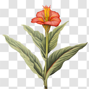 Canna Indica - Botanical Art Of Red Flower And Green Leaves Transparent PNG