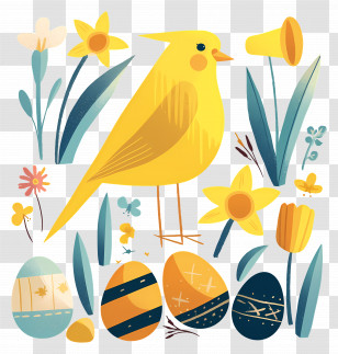 Easter Background - Yellow Bird With Flowers And Easter Eggs Transparent PNG