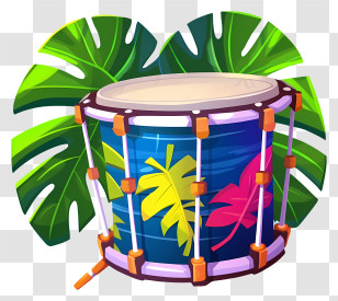 Traditional Drum - Tropical Drum With Bright Leaf Designs Transparent PNG