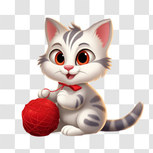 Cat Playing Yarn Ball - Cute Cartoon Cat With Red Ball Of Yarn Transparent PNG