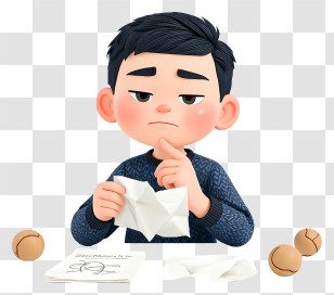 Thinking Cartoon Boy - Pensive Boy With Torn Papers Transparent PNG
