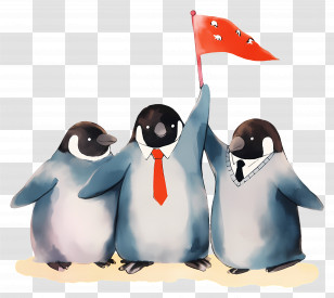 Watercolor Penguins - Three Penguins With Red Flag Illustration Transparent PNG