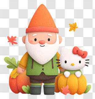 Autumn Gnome And Hello Kitty - Gnome And Cat With Pumpkins Transparent PNG