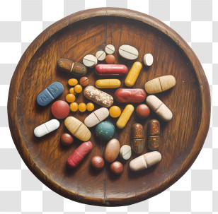 Medicine Tablet - Colorful Pills On A Wooden Plate Transparent PNG