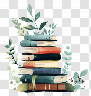 Animated Books - Artistic Stack Of Books With Botanical Elements Transparent PNG
