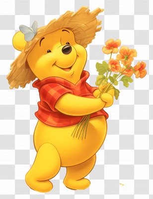 Winnie The Pooh - Cartoon Bear With Sunhat Holding Flowers Transparent PNG