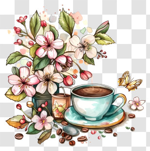 Spring Coffee Time - Coffee Cup With Flowers And Butterfly Illustration Transparent PNG