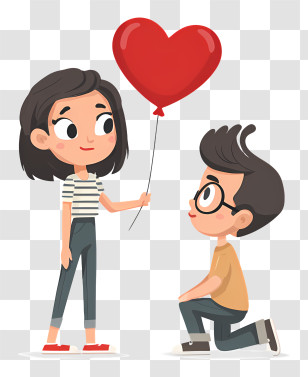 Cartoon Girl Holding Balloons - Romantic Couple With Heart Balloon Transparent PNG