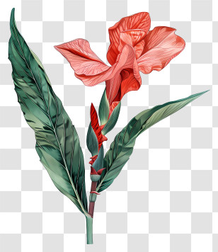 Canna Indica Flower - Red Flower With Green Leaves Illustration Transparent PNG