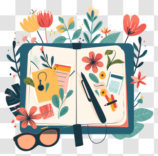 Cartoon Notebook - Open Diary With Floral Elements Illustration Transparent PNG