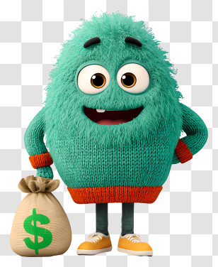 Mascot With Money Bag - Green Furry Character With Money Bag Transparent PNG