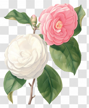 Camellias - Pink And White Camellia Flowers On Branch Transparent PNG