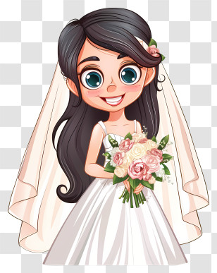 Bride With Veil - Cartoon Bride Holding A Beautiful Bouquet Of Roses Transparent PNG