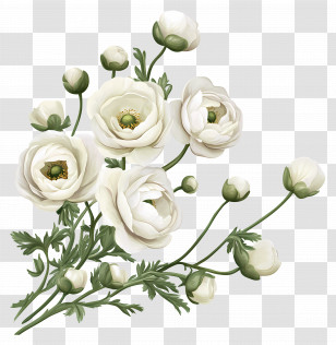 Ranunculus Art - White Flowers With Green Stems Transparent PNG