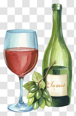 Wine - Wine Bottle And Glass With Leaves Transparent PNG