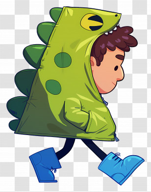 Cartoon Boy - Child In Green Dinosaur Hoodie Walking Transparent PNG