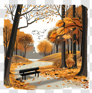 Autumn Park - Autumn Park With Bench And Trees Transparent PNG