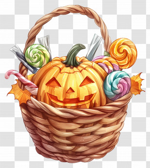 Halloween Basket - Pumpkin Basket Filled With Halloween Candies Transparent PNG